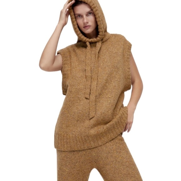 ZARA Oversized Sleeveless Hooded Chunky Knit Sweater Brown Tan M - Picture 7 of 10
